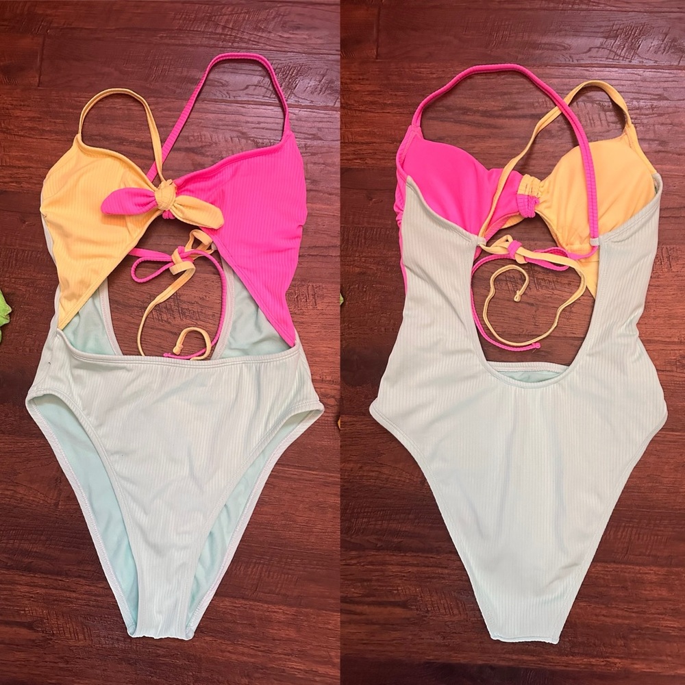 XHILARATION Ribbed Color Block Tie-Front One-Piece Swimsuit Xhilaration ™M Multi